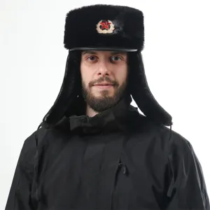 Men winter ushanka hat warm thick fur trapper cap with soviet badge outdoor cold weather gear