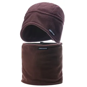 Winter fleece thermal hat and neck warmer set windproof outdoor thick ski cap dark brown