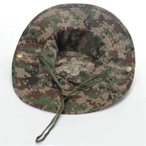 Unisex digital camo bucket hat, tactical outdoor hiking sun protection fishing cap detail view.