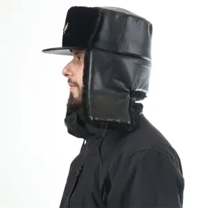 Winter warm PU leather ushanka hat with earflaps and Soviet badge for cold weather protection.