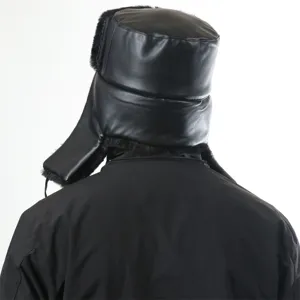 Black PU leather ushanka hat with thick faux fur lining, winter warm windproof bomber hat.
