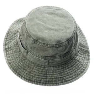 Close-up view of vintage washed cotton bucket hat, army green outdoor hiking sun cap details.
