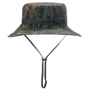 Camo bucket hat detail view, tactical outdoor sun hat with chin strap and breathable eyelets.