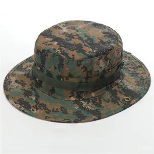 Digital camo bucket hat detail showing breathable metal eyelets and wide brim for sun protection.