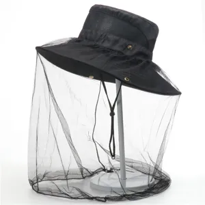 Detail shot of the black outdoor anti-mosquito bucket hat with fine mesh net and wide brim.
