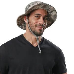 Unisex camo bucket hat, outdoor hiking sun protection fishing cap with adjustable chin strap.