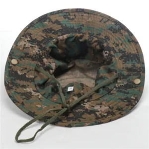 Camo bucket hat for outdoor hiking, fishing, and sun protection with adjustable chin cord.