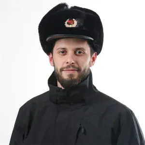 Soviet badge ushanka hat winter warm thick plush outdoor windproof earflap black cap