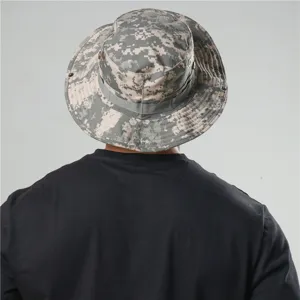 Unisex camo bucket hat featuring digital camouflage pattern, ideal for outdoor hiking and fishing.