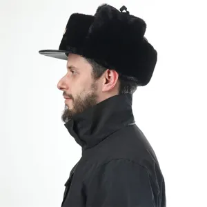 Black PU winter ushanka hat with Soviet badge, thickened velvet warm earflap cap for outdoor cold.
