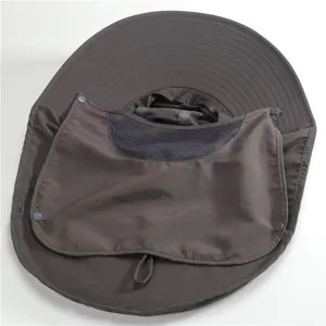 Dark grey outdoor sun protection hat detail, breathable mesh and UV face guard design.