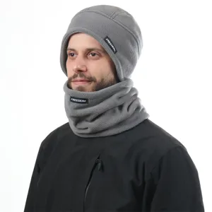 Close-up detail of grey fleece beanie hat and matching neck warmer set for winter warmth.