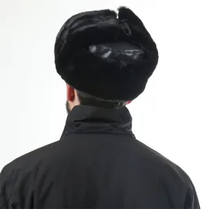 Detailed back view of the black winter ushanka hat featuring plush faux fur and PU leather.