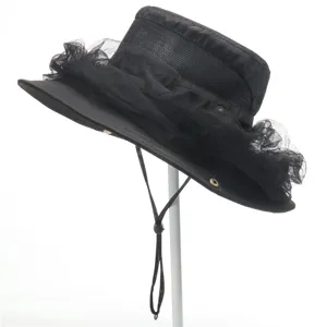 Detail view of a black outdoor anti-mosquito mesh bucket hat with wide brim and adjustable strap.