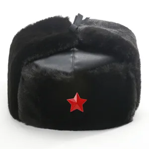 Detailed close-up of a black winter faux fur ushanka hat with red star badge, warm and cozy.