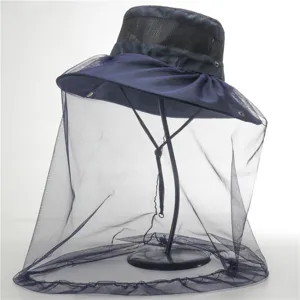 Outdoor mesh anti-mosquito sun hat detail view, breathable wide brim fisherman hat for fishing hiking.