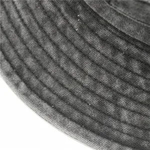 Close-up detail of grey washed cotton bucket hat fabric with fine parallel stitching texture.