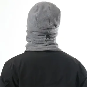 Rear detail view of the gray fleece balaclava hood with adjustable drawstring buckle.