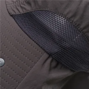 Close-up of outdoor sun hat mesh ventilation panel and water-repellent fabric texture.