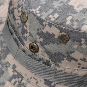 Close-up detail of unisex camouflage bucket hat, outdoor hiking sun protection fishing cap cotton