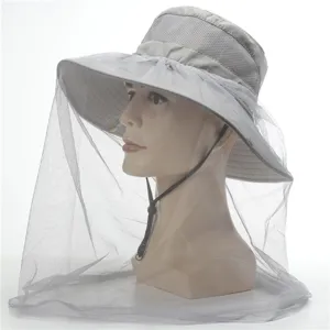 Outdoor mesh anti-mosquito sun hat, quick-drying wide brim bucket hat for fishing hiking.