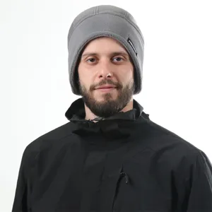 Men's grey fleece winter beanie hat, thick windproof thermal cap for outdoor sports.