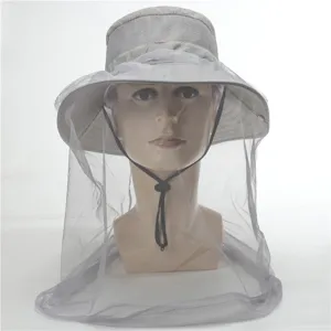 Outdoor grey sun hat with mosquito net mesh, wide brim, and breathable fabric for fishing.