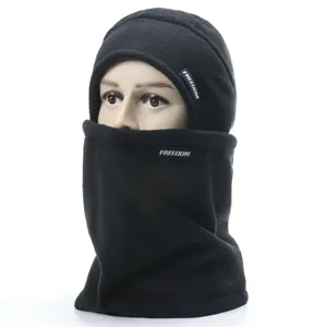 Black fleece thermal windproof winter hat and neck warmer set for outdoor skiing protection detail
