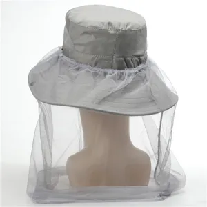 Grey outdoor mosquito net sun hat detail view, breathable mesh fisherman cap for hiking.