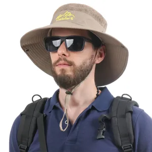 Chapeau de pêcheur anti-soleil kaki avec large bord, maille respirante et sangle coupe-vent.