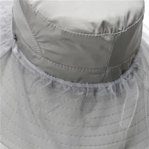 Outdoor sun hat detail view showing breathable mesh and fine anti-mosquito veil construction.