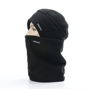 Black fleece winter windproof hat and neck warmer detail view, thermal outdoor gear for cold weather.