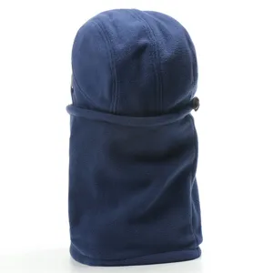 Detail view of winter fleece balaclava hat in dark blue, showing soft texture and adjustable cord.