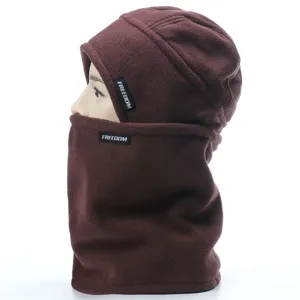 Detail view of winter warm windproof fleece hat and neck gaiter set in dark brown color.