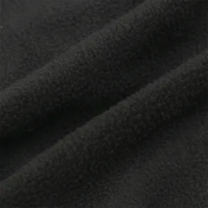 Close-up detail of black fleece fabric showing soft texture for winter warm clothing items.
