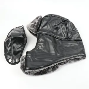Bonnet trappeur en cuir d'hiver avec masque, casquette ushanka chaude pour extérieur.