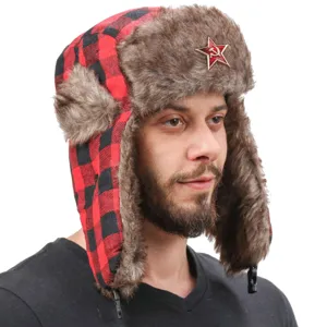 Χειμερινό σοβιετικό σκουφάκι ushanka με συνθετική γούνα κόκκινο μαύρο ζεστό καπέλο.
