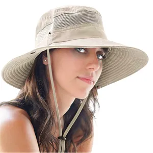 Wide brim sun hat with breathable mesh and wind strap for outdoor hiking, fishing, and summer.