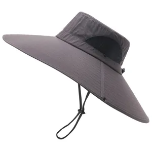 Extra large brim sun hat detail view, breathable mesh bucket hat, dark gray outdoor beach hat