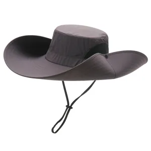 Dark grey oversized brim outdoor sun hat with breathable mesh and adjustable chin strap.