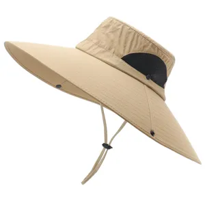 Detailed view of wide brim sun hat, khaki summer outdoor fishing cap with mesh and chin strap.