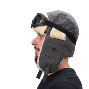 Unisex Winter Uschanka Mütze mit Brille Verdickte Ohrenklappen Bomber Hut Winddichte Skikappe Grau