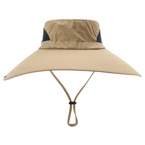 Wide brim sun hat detail showing breathable mesh panels and adjustable chin strap.