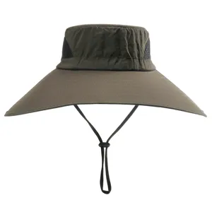 Wide brim sun hat detail, breathable mesh panels and adjustable chin cord for outdoor summer.