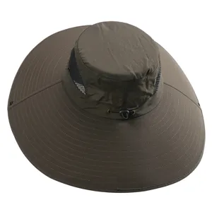 Wide brim sun hat for outdoor activities, breathable mesh design with adjustable drawstring.