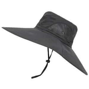 Black wide brim sun hat outdoor breathable bucket hat with mesh panels and adjustable chin strap