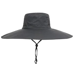 Wide brim outdoor sun hat with breathable mesh and adjustable chin strap for summer.