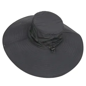 Black wide brim sun hat for outdoor sports, breathable mesh bucket hat with adjustable drawcord.