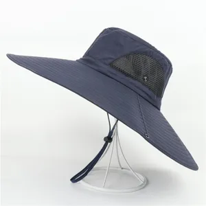 Men and women wide brim sun hat outdoor breathable bucket hat detail view dark blue