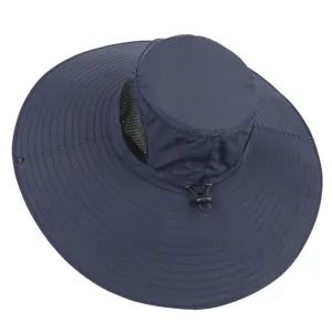Detailed view of the dark blue wide brim sun hat, breathable mesh and adjustable drawstring.